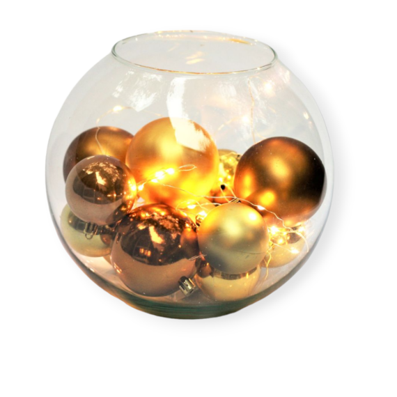 Kép 1/4 - Arany karácsonyi gömbök gömbvázában világítással