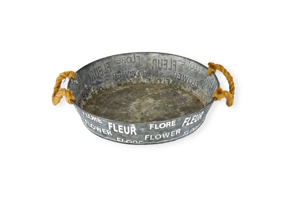 Bádog kerek tál Flowers feliratos, szürke